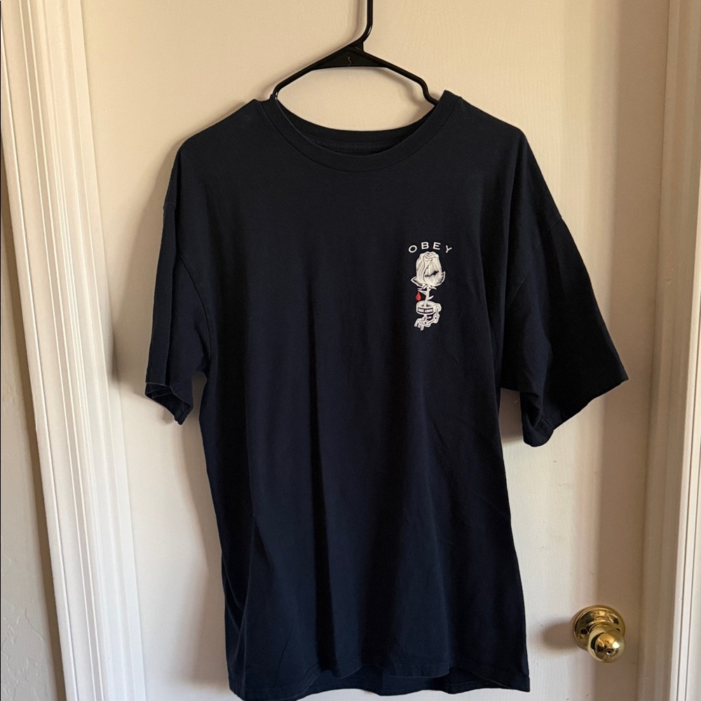 Obey Navy Tee with Small White and Red Chest Graphic